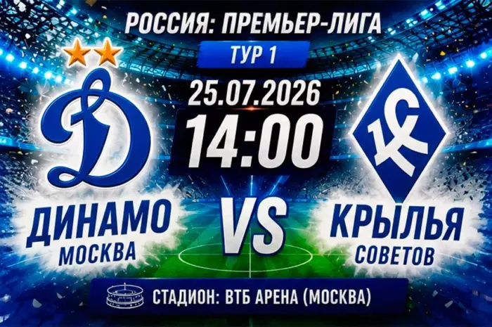 ⚽ Прогноз на матч Динамо Москва – Крылья Советов 25 июля 2026. Ставка с коэффициентом 1.75